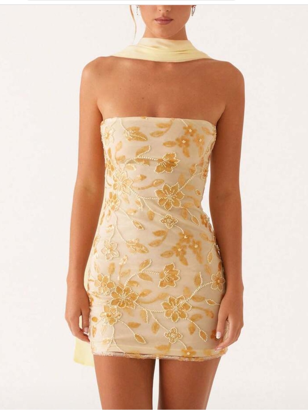 Strapless Cream Mini Dress with Gold Floral Embroidery and scarf